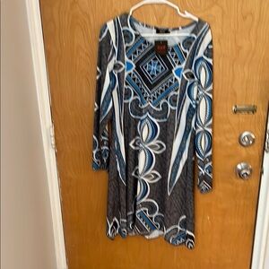 R&B Geometric Blue and Gray Long Sleeve Dress